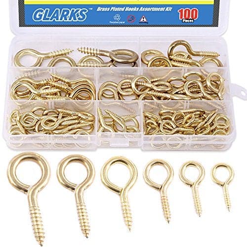 Glarks 100Pieces 6 Size Brass Plated Lag Eyebolts Screwin Eye Shape Screw Hooks Hanging Hooks Assortment Set