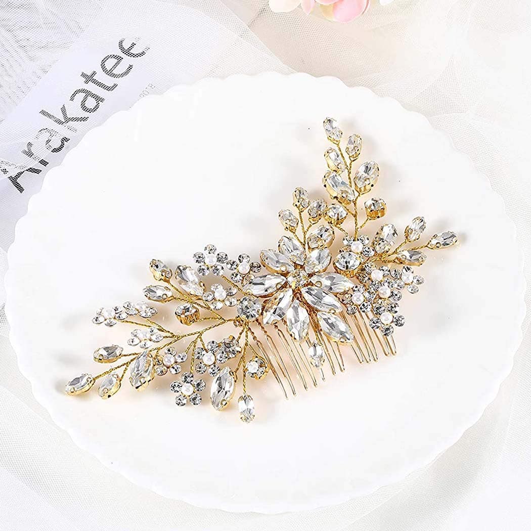 Catery Flower Crystal Bride Wedding Hair Comb Hair Accessories with Pearl Bridal Side Combs Headpiece for Women Gold