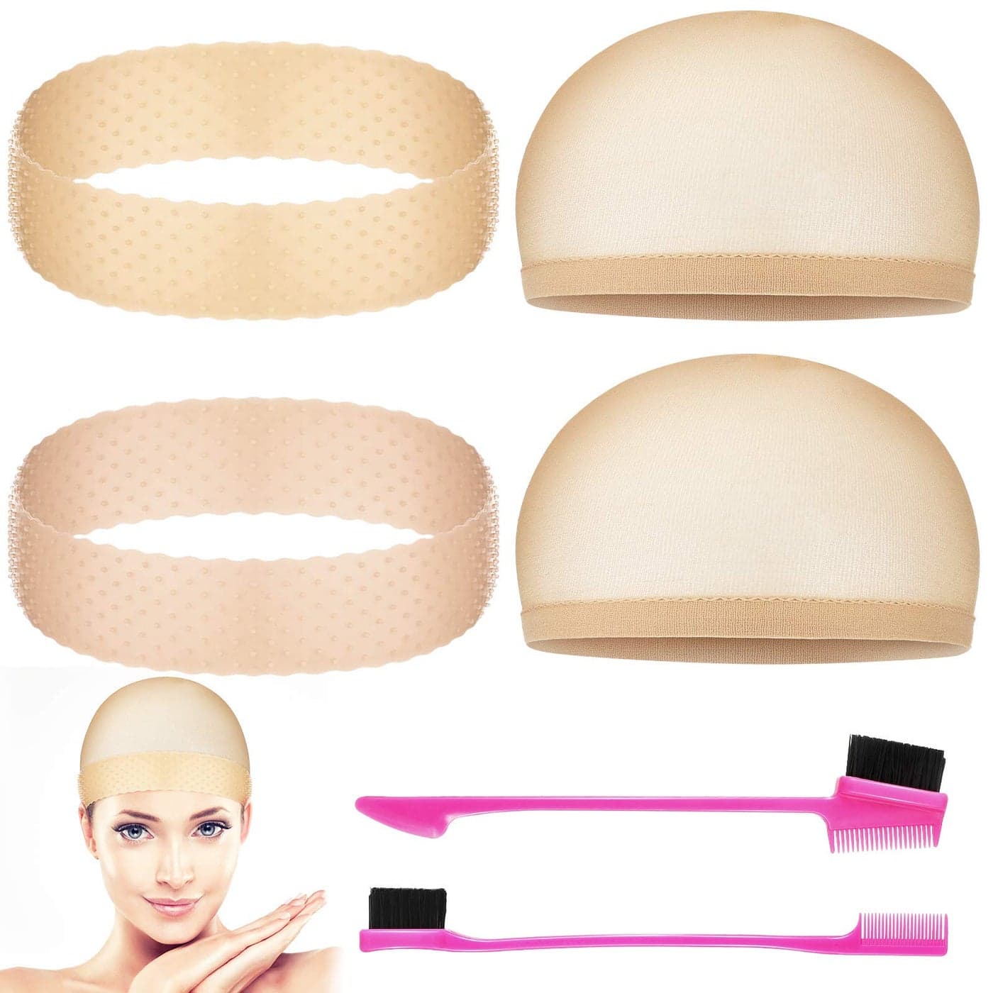 Chuangdi 4 Pieces Silicone Wig Caps and Stretchy Nylon Wig Grip Band for Women, Non Slip Transparent Headband for Wigs with 2 Brush for Women Sport Yoga