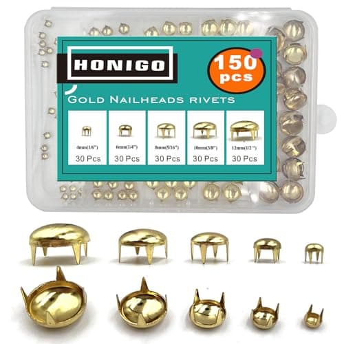 Honigo 150pcs Nailheads Round Dome Studs Rivets Gold Metal Solid Brass 4/6/8/10/12mm 4 Prongs Spikes Spots for Leather Craft Clothes Belt Bag Shoes Decorations Totes DIY Craft