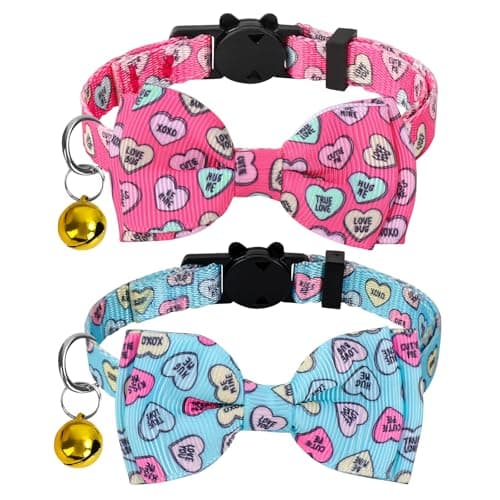 JarThenaAMCS 2Pcs Valentine Cat Collar Conversation Heart Bowtie Collar with Breakaway Bell Blue Pink Adjustable Kitten Collar for Girl Boy Cat Small Pet