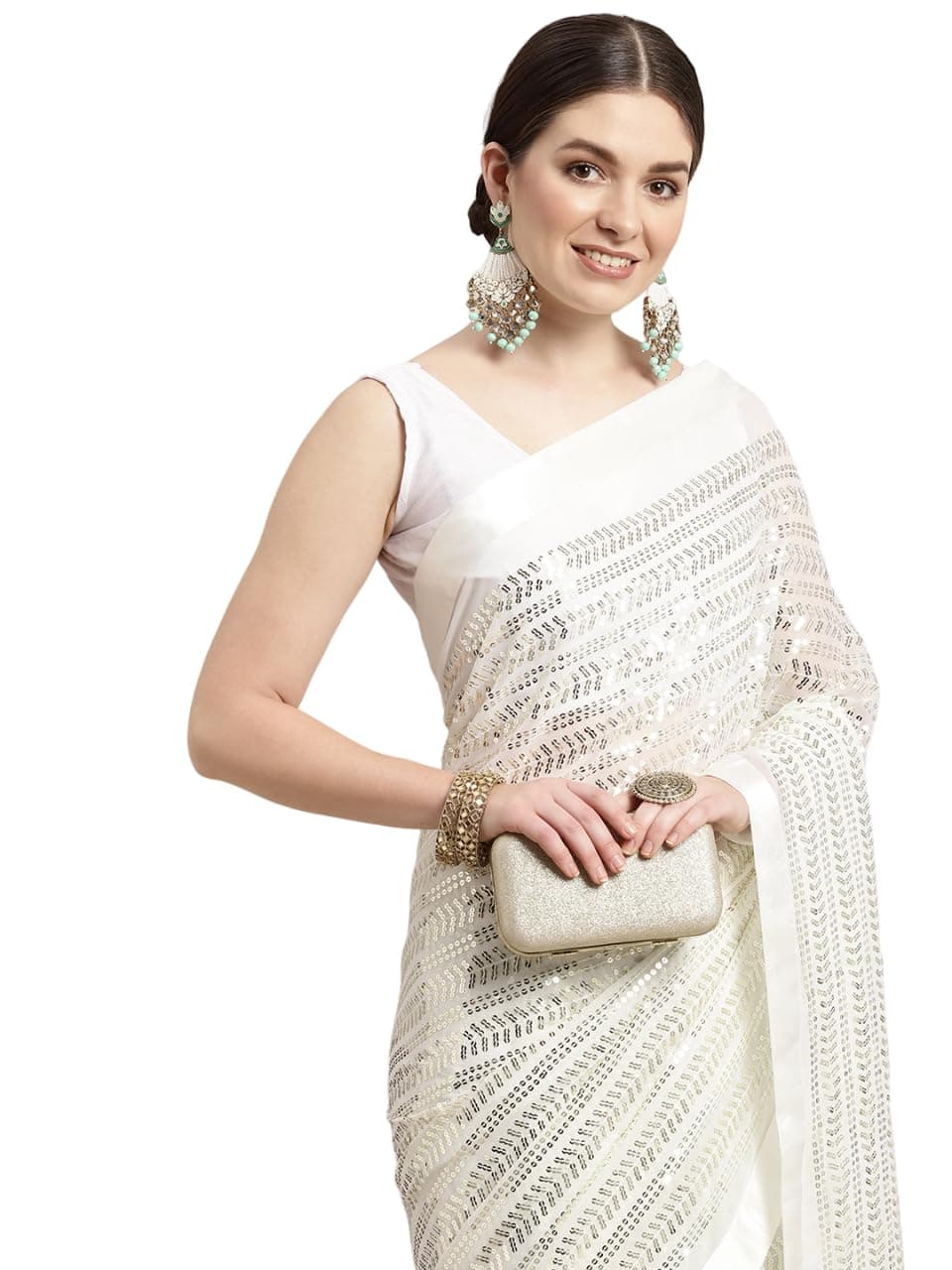 Ekasya Women Soft Georgette White Floral Pattern Sequence Work Saree (E5603_6) - Elegant floral design, intricate sequence work, lightweight, perfect for casual and semi-formal events.