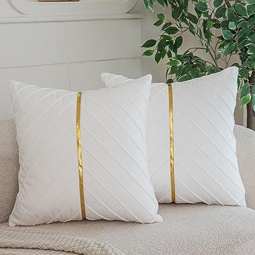 WACOMECO Velvet Throw Pillow Covers Pack of 2 Soft Gold Decorative Cushion Covers for Couch Sofa Living Room Home Decoration White 18x18 inch