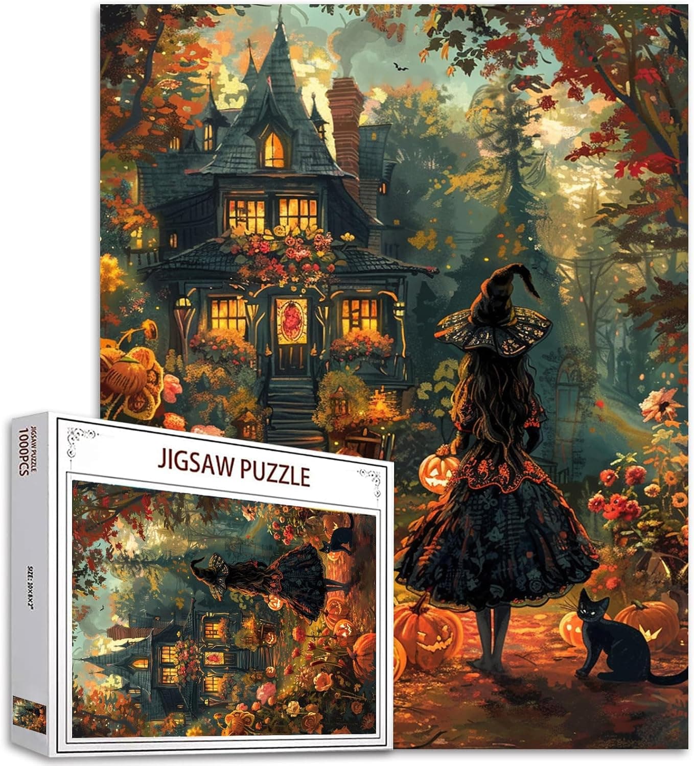 1000 Piece Jigsaw PuzzleHalloween Dress Witch Puzzles 1000 Pieces for AdultsBlack Cat Puzzles for Adults Puzzles for Adults 1000 Pieces Fall Pumpkin Puzzles Garden Countyard