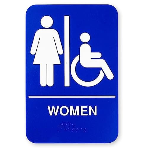 TableCraft 695630 Women Handicap Accessible Bathroom Sign, ADA Compliant with Braille, Raised Text and Symbols, Self-Adhesive, Polystyrene, 6" x 9", Black, 1-Pack