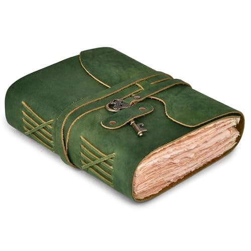 LEATHER VILLAGE Vintage Leather Journal 200 Handmade Vintage Deckle Edge Paper Leather bound Journal For Women Men Vintage Key Closure Book of Shadows Green 6X4 inches A6