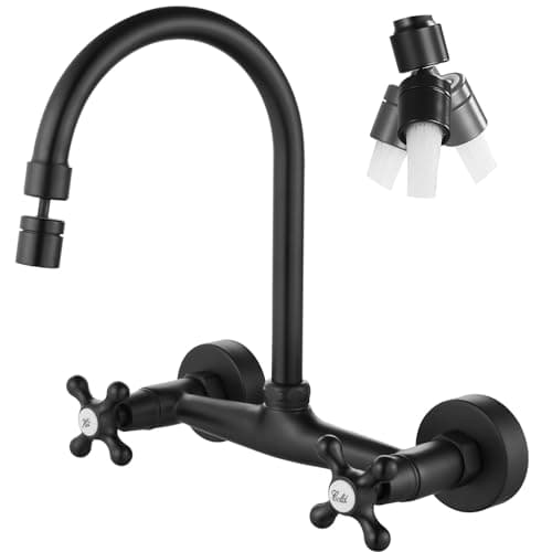 Airuida Wall Mount Kitchen Faucet with Sprayer Wall Mounted Kitchen Sink Faucet Double Cross Handles 360 Degree Swivel Spout Restaurant Mixer Tap Commercial 8 Inch Center-Matte Black