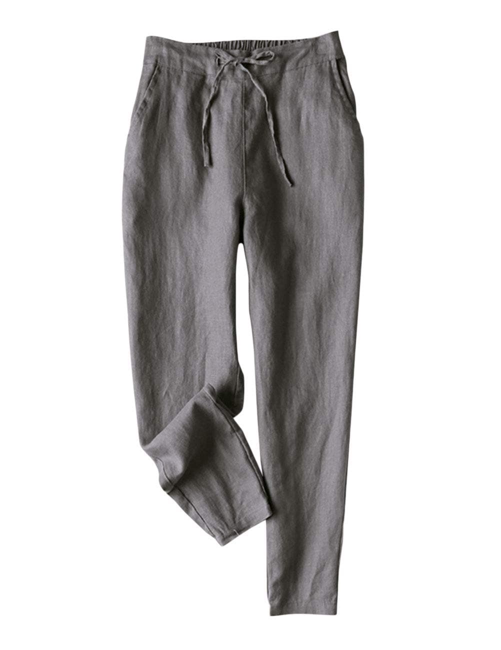 IXIMO Womens Tapered Pants 100 Linen Drawstring Back Elastic Waist Pants Trousers Dark Gray M