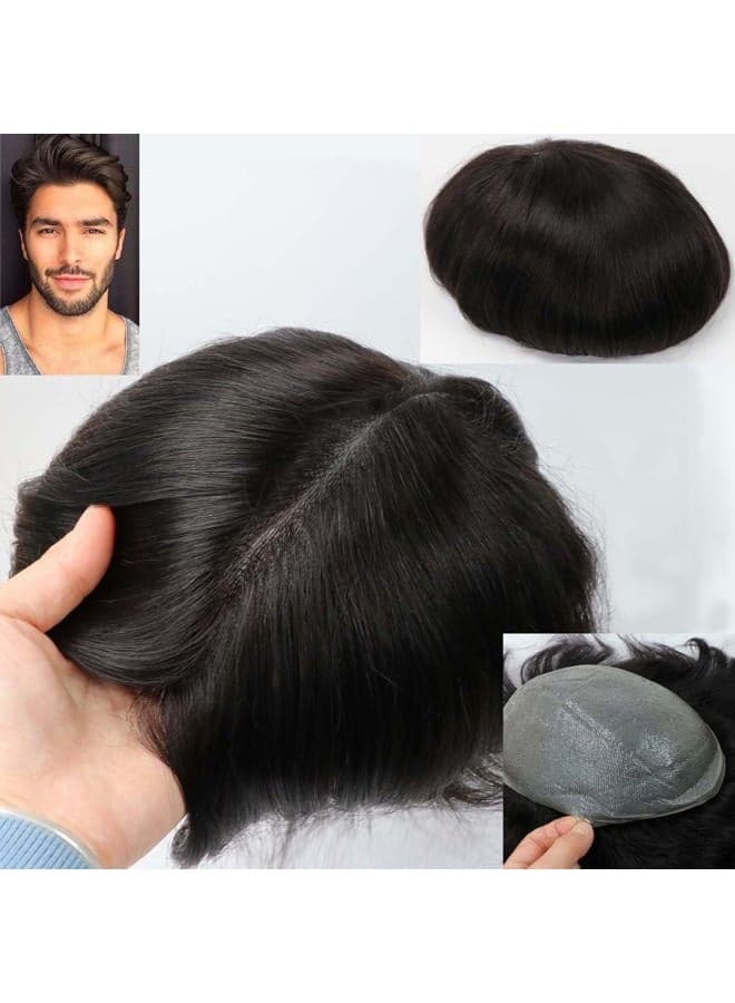Toupee for Men Hair Unit Wig for Men Thin Skin Men's Wig Man Toupee Real Human Hair Pieces Men 1B Off Black Color Man Hair Unit 8x10inch