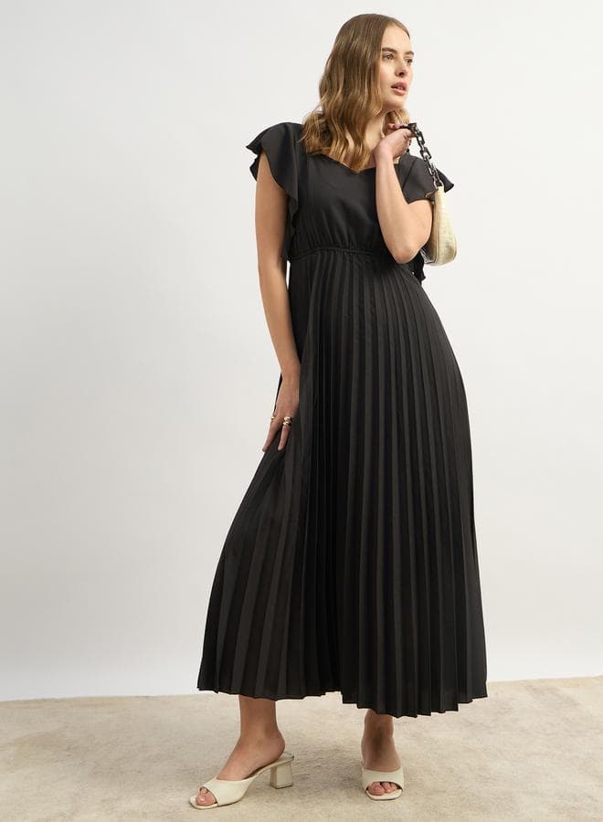 Pleated Ruffle Sleeve Dress — L