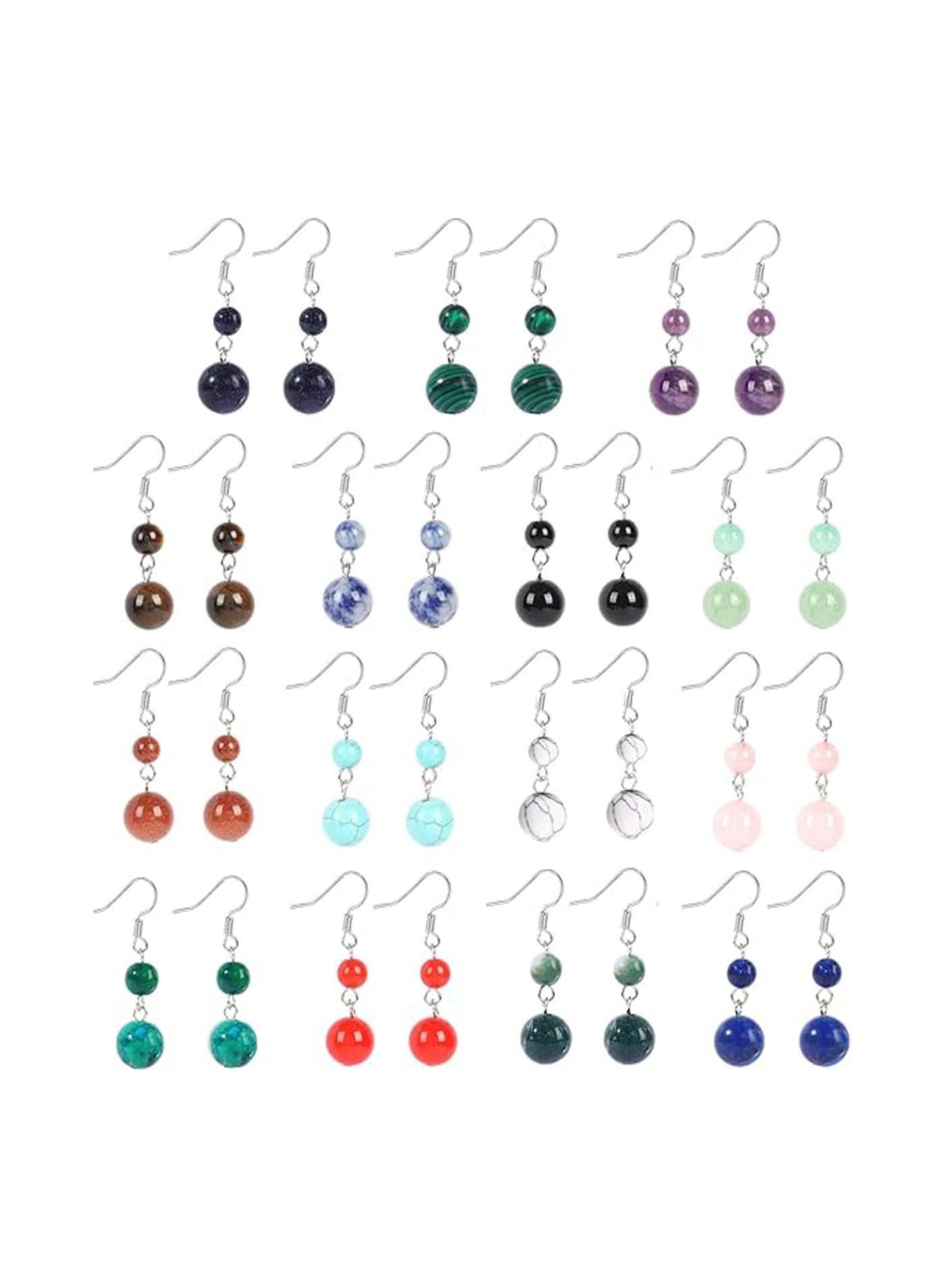 15 Pairs Natural Stone Earrings Dangle for Women Chakra Healing Crystal Colorful Beaded Lightweight Birthday Gifts