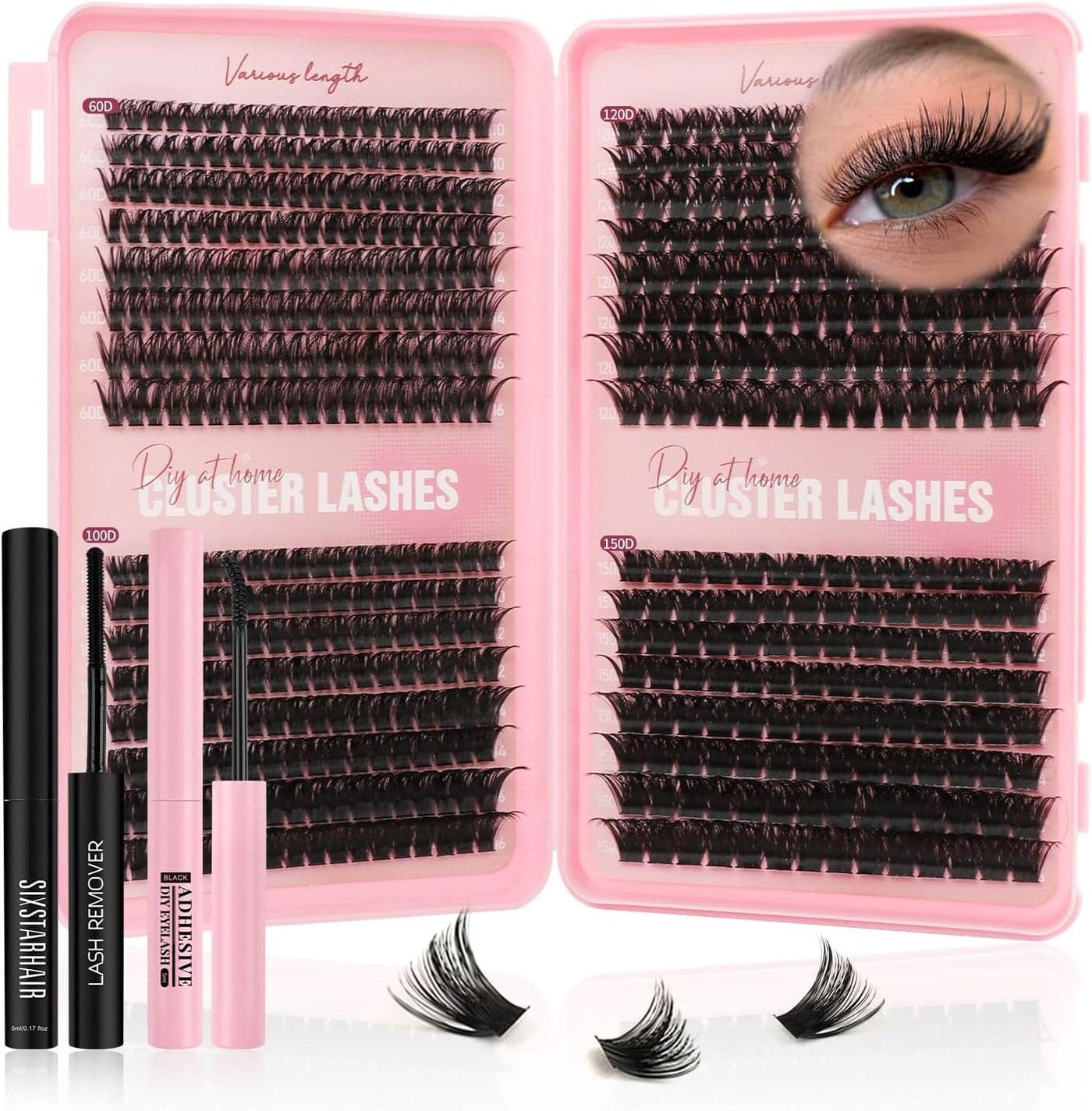Sixstarhair Individual Eyelashes Kit 544Pcs Lash Clusters with Glue and Remover Volume Clusters Lashes Book Kit D Curl Eyelash Extensions for DIY at Home 1016mm 60100120150D