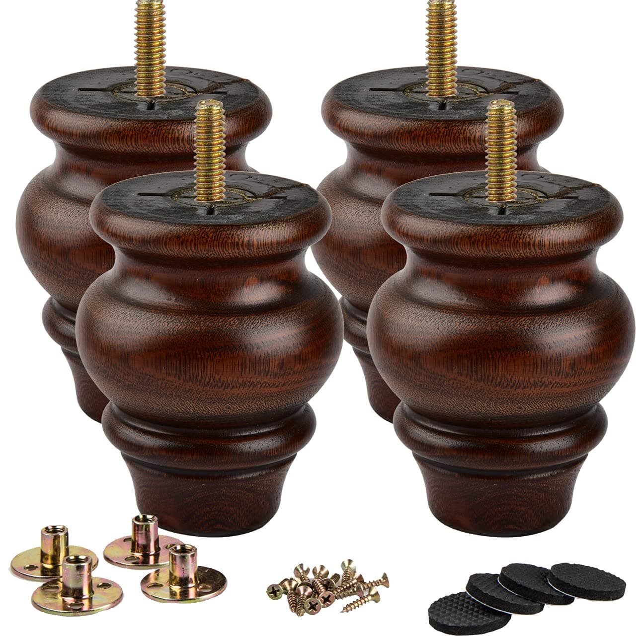 La Vane 35 inch 9cm Wooden Furniture Legs 4PCS Glaze Soild Wood Spindle Replacement Bun Feet with PreDrilled 516 Inch M8 Bolt Mounting Plate Screws for Couch Table Sofa Cabinet