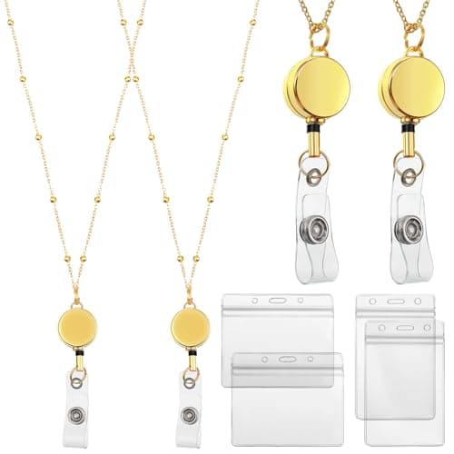 Outus 2 Pieces Badge Lanyard with ID Holders Stainless Steel Badge Name Tag Holders Necklace Retractable Reel Clip Chain Water Resistant for School Office(Gold)