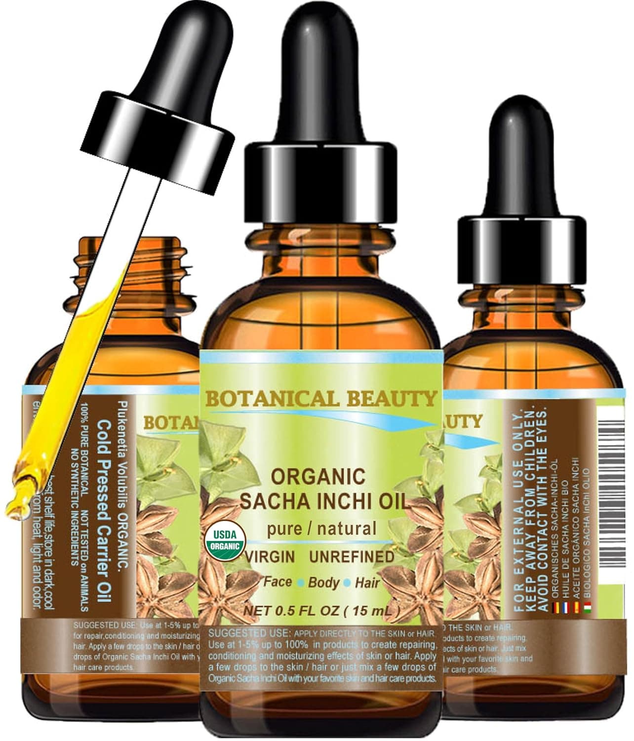 Botanical Beauty Organic SACHA INCHI OIL 100 Natural Pure Undiluted Virgin Unrefined Cold Pressed Carrier Certified Organic Oil 05 Floz 15 ml For Face Skin Hair Lip Nails Rich in Vitamin E