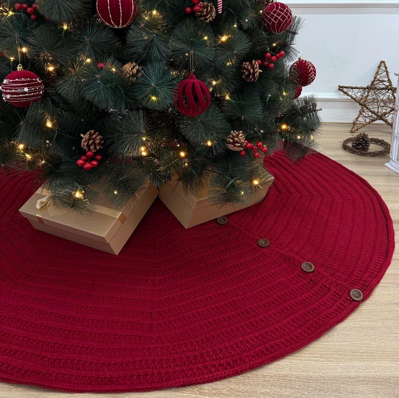 60Inch Rib Knit Christmas Tree Skirt with Oak Buttons Burgundy