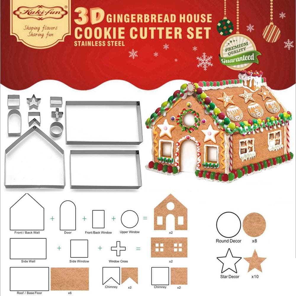 Sakolla Set of 10 Gingerbread House Cookie Cutter Set 3D Gingerbread House Kit Christmas Cookie Cutters for Kids Gingerbread House Mold Gift Box Packaging