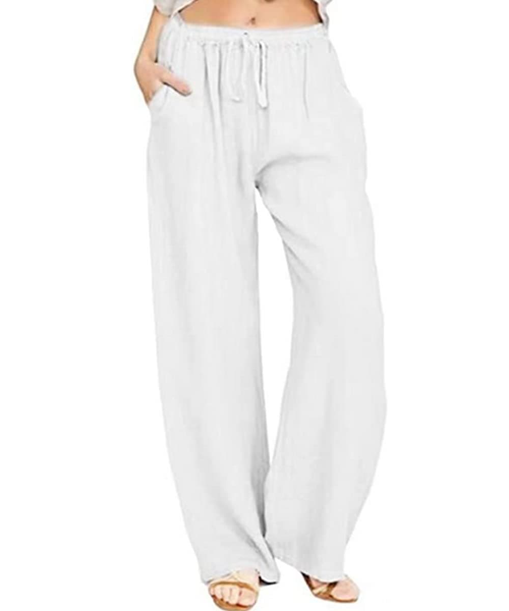 utcoco Womens Cotton Linen Drawstring High Waisted Pants Casual Loose Fit Wide Leg Trousers 2XL White