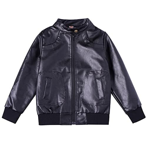 Boys Trendy Stand Collar PU Leather Moto Jacket - Winter Warm Lined Coat with Zipper Closure for Kids Black 8-9Years