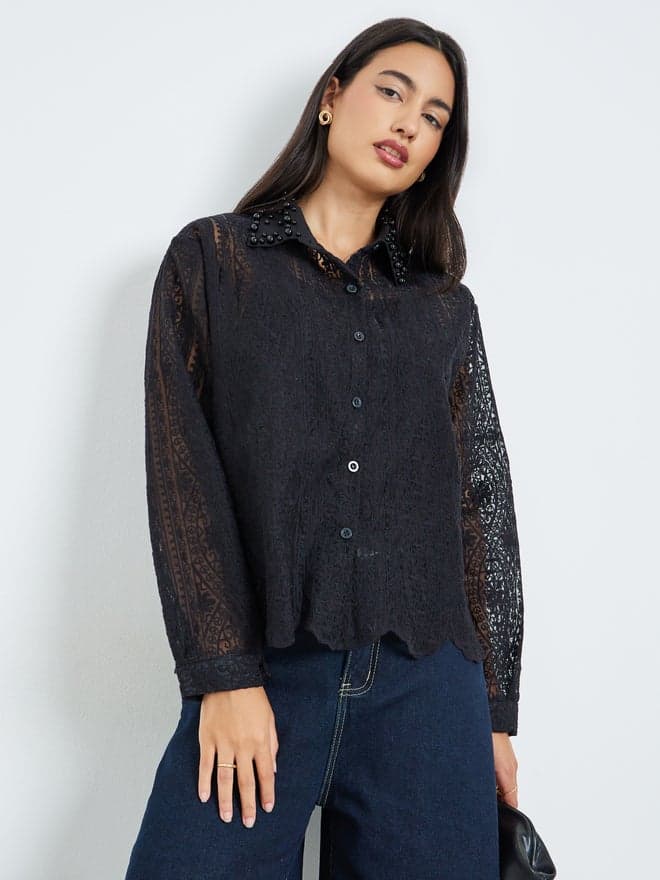 Styli Black Lace Long Sleeve Shirt — L
