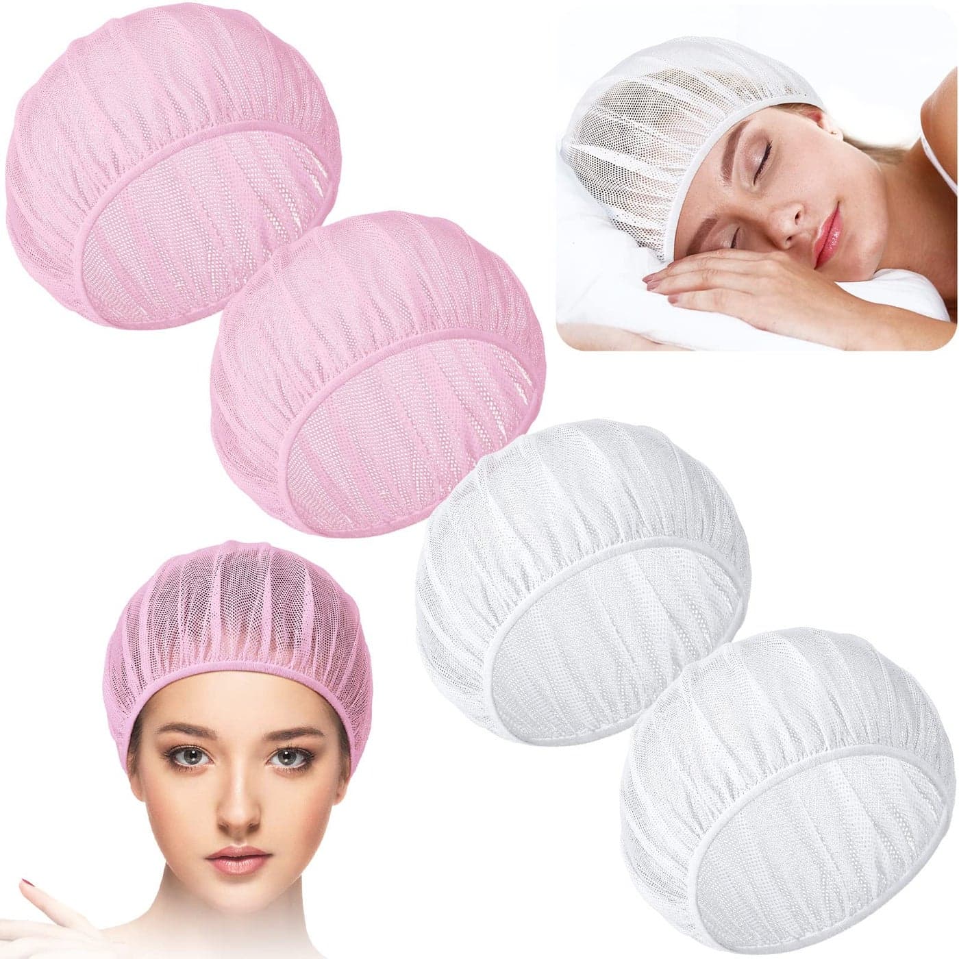 Chuarry 4 Pcs Mesh Sleep Bonnet for Sleeping Night Curly Hair Nets Sleep Caps for WomenWhite Pink