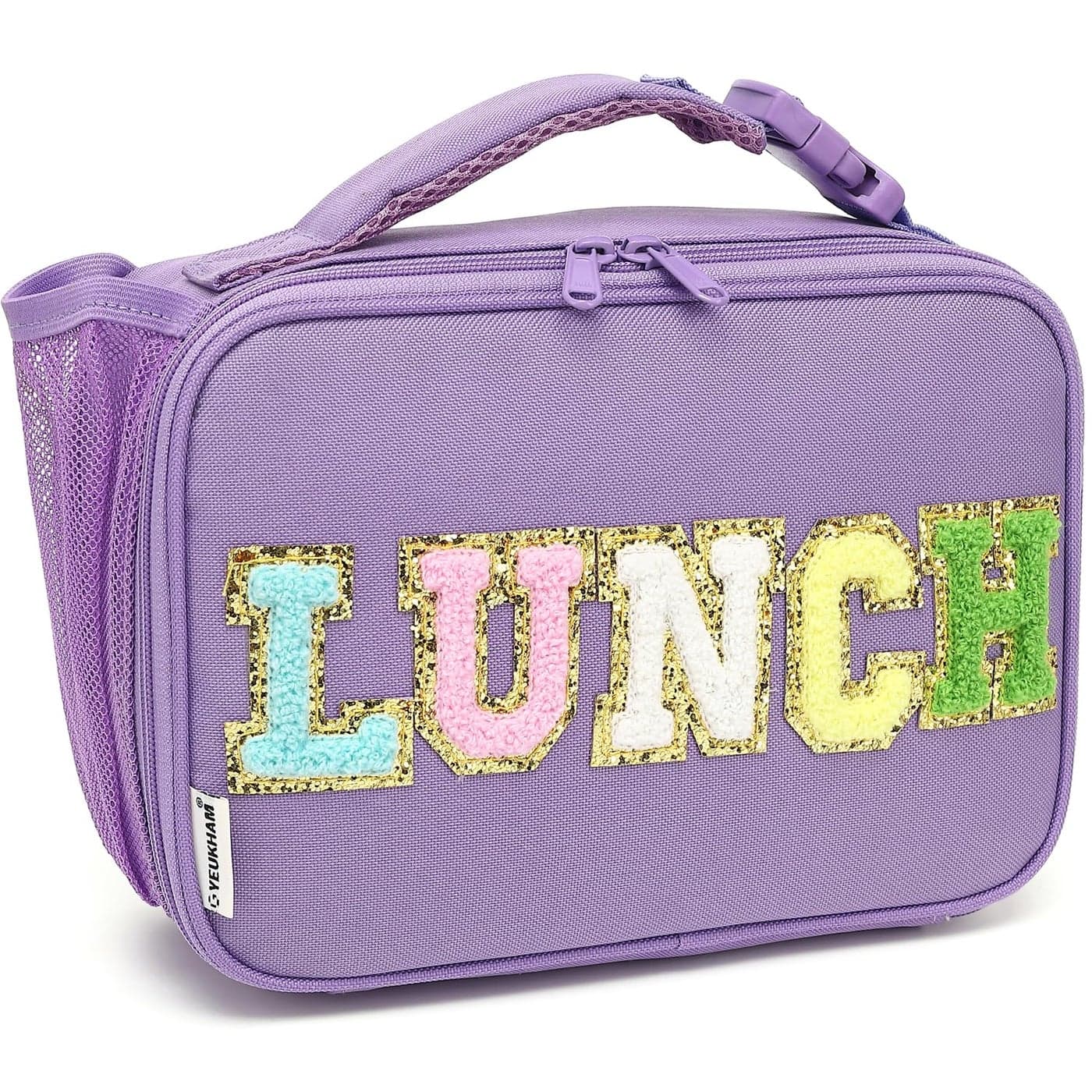 FlowFly Kids Lunch Bag Durable Insulated School Lunch Box with Bottle Holder Waterresistant Thermal Small Lunch Cooler Tote for Teen Boys GirlsPurpleWithLetter