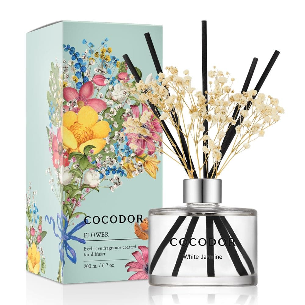 COCODOR Flower Reed Diffuser Set 67oz White JasmineScent Diffuser with Sticks Home Fragrance Reed Diffuser for Bathroom Shelf Decor