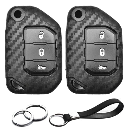INFIPAR 2pcs Compatible with Jeep Key Fob Cover Case Key Chain fit for Jeep Wrangler JL Gladiator JT Accessories Rubicon Deluxe Sport S Sport Sahara Overland Key Shell Holder Carbon Fiber Black