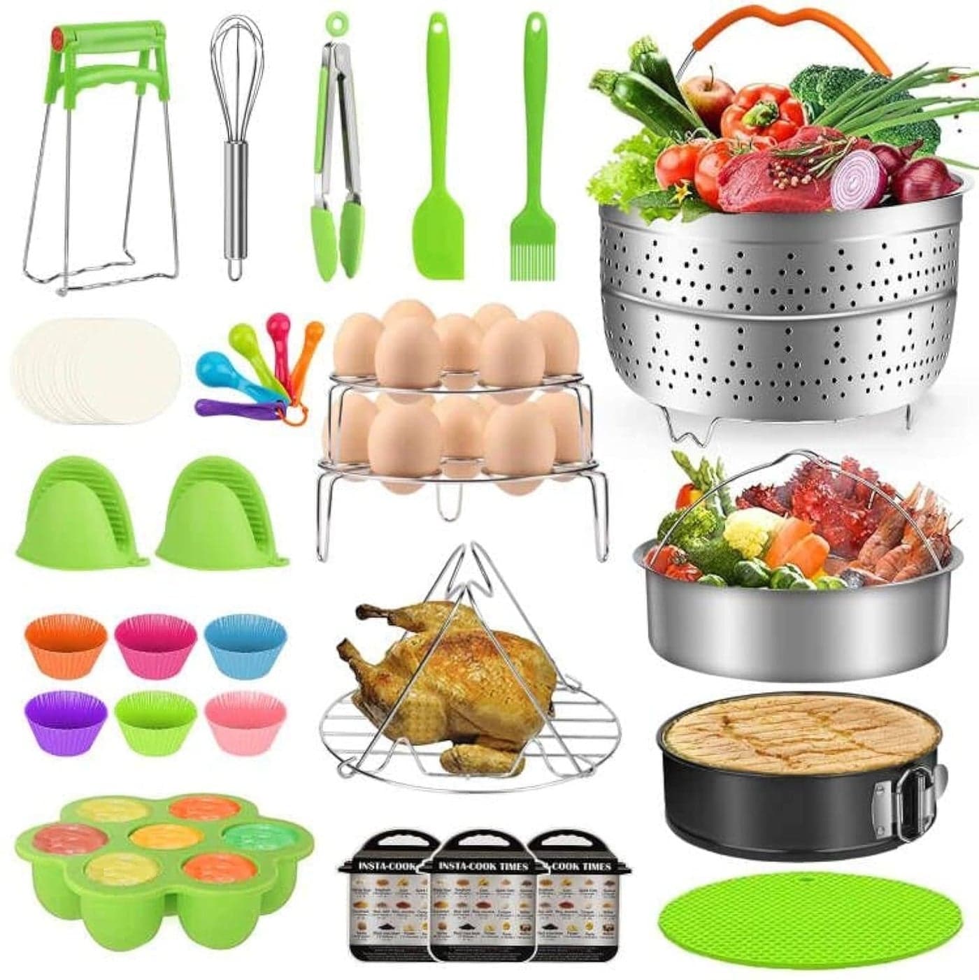 MIBOTE 98 Pcs Accessories Set for Instant Pot 568 Qt 2 Steamer Baskets Springform Pan Egg Steamer Rack Egg Bites Mold Kitchen Tong Silicone Pad Oven Mitts Cheat Sheet Magnet and etc
