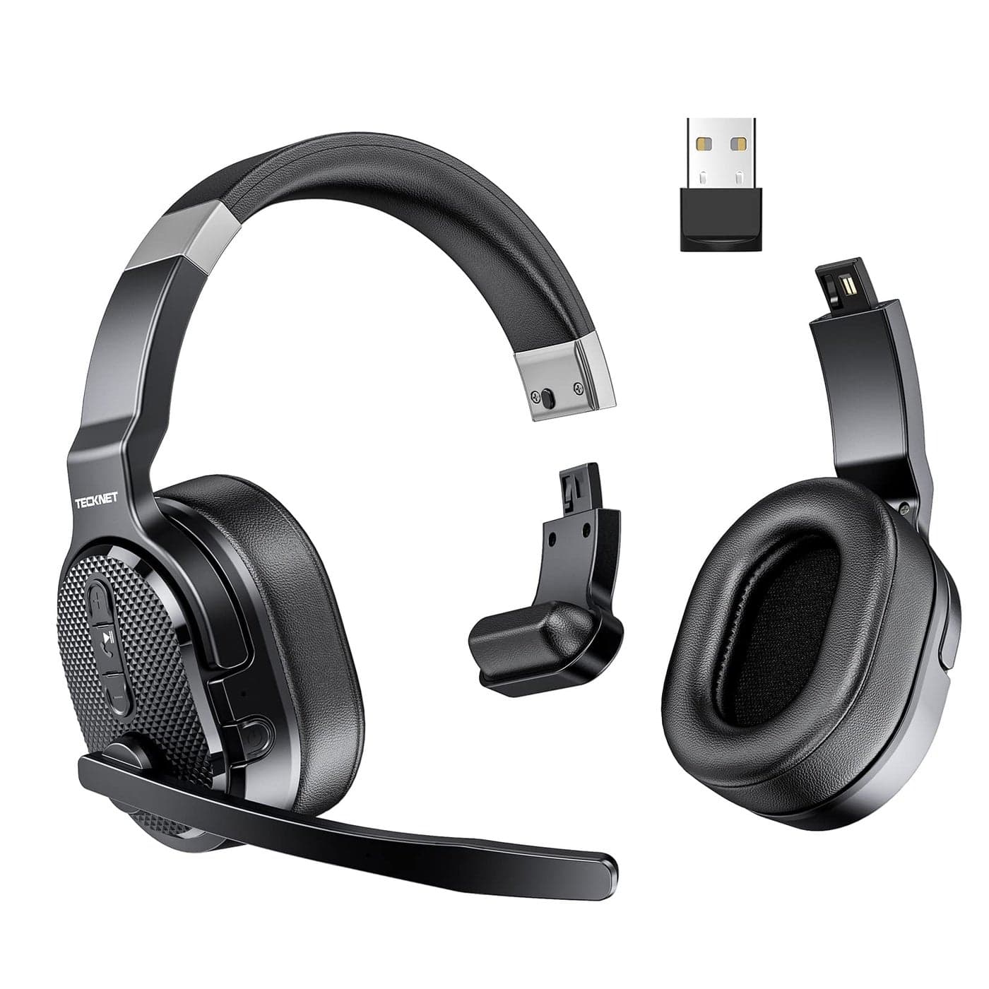 TECKNET Bluetooth Trucker Headset, Single and Dual Ear Wireless Headset with Mic for Work Noise Cancelling, 50Hrs 3 EQ Music Modes Trucker Bluetooth Headset for PC, Drivers, Office, Call Center Work