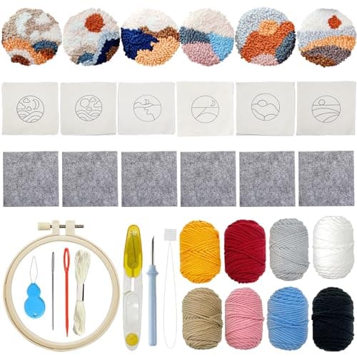 Allazone 6 PCS Punch Needle Coaster Kit with Landscape Patterns Yarns Tools, Felt Embroidery Hoop for DIY Craft