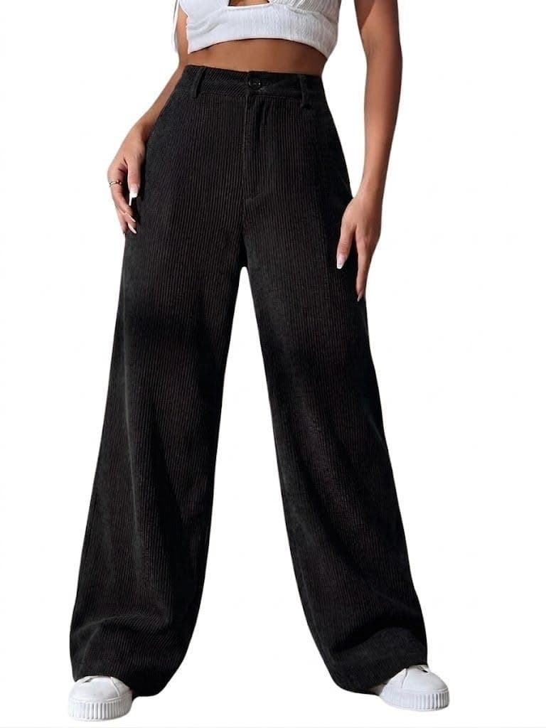SMOWKLY Women's Aesthetic Mid Rise Wide Leg Sweatpant with Pocket || Loose Comfy Elastic Waist Casual Korean Trousers for Woman Elegant Workwear for Office, College & Events (1678_BK_XXL) Black