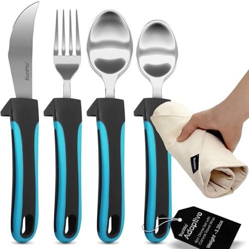BUNMO Adaptive Utensils for Elderly, Arthritis, Weak Hand Grip & Handicapped - 4 Piece Set - Convenient Travel Pouch - Lightweight - Arthritis Gifts for Seniors Over 80 - Gifts for Disabled Adults