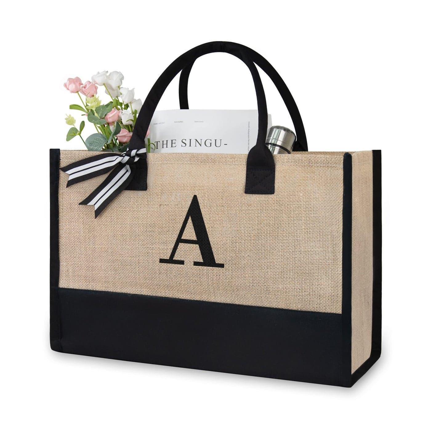 TOPDesign Initial JuteCanvas Tote Bag Personalized Present Bag Suitable for Wedding Birthday Beach Holiday is a Great Gift for Women Mom Teachers Friends Bridesmaids Letter A