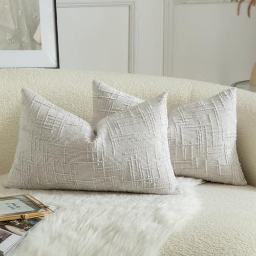 MANDIOO Pack of 2 Soft Chenille Textured Throw Pillow Covers Lumbar Accent Solid Decorative Cushion Cover Cozy Farmhouse Pillow Case for Couch Sofa Bed Living Room 12x20 Inch Pearl Gray