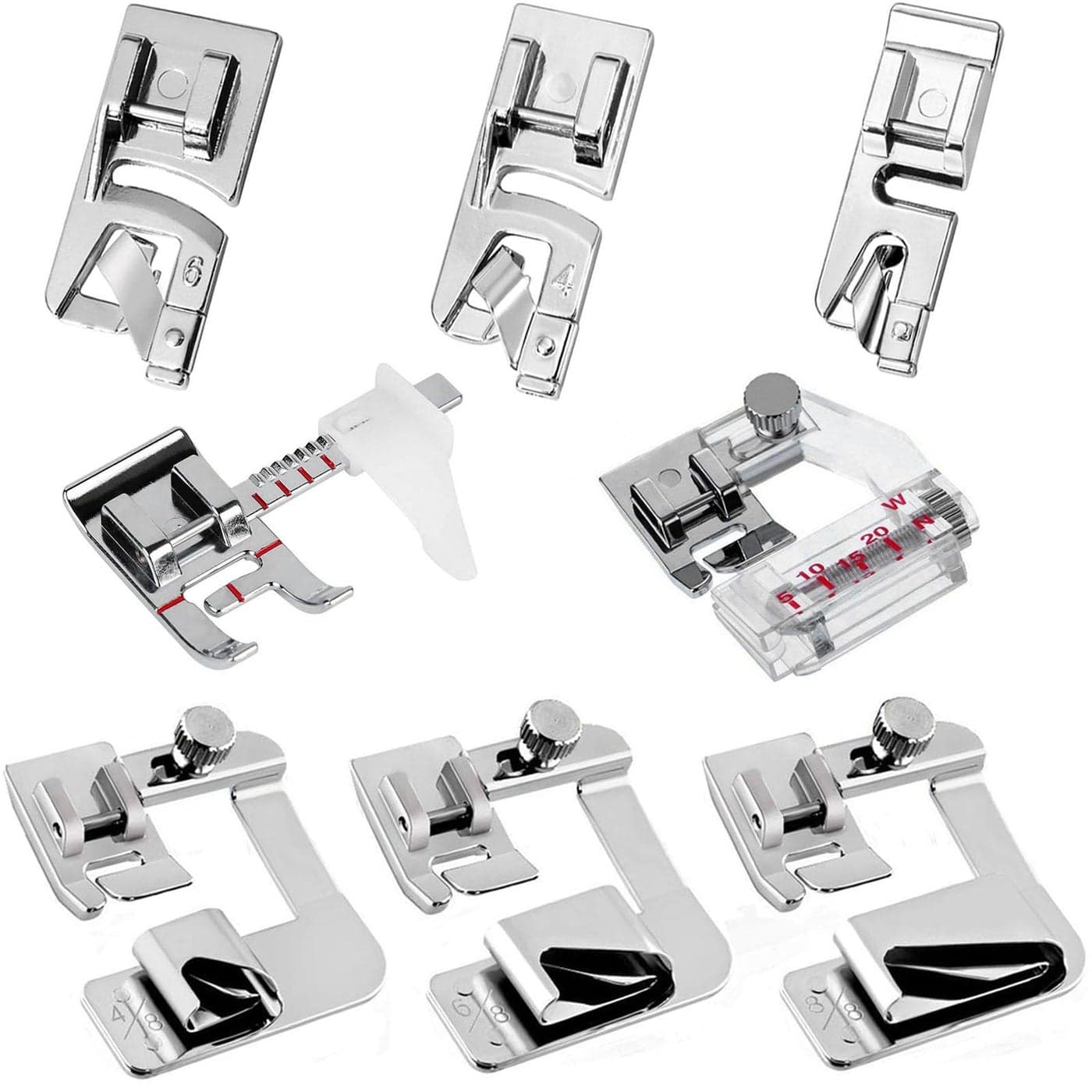 YEQIN 8pcs Sewing Machine Presser Foot Set Includes 3Pcs Wide Hem Foot 3Pcs Narrow Rolled Hem Presser Feet Bias Tape Binder Foot and Adjustable Guide Presser Foot for Brother Singer Janome