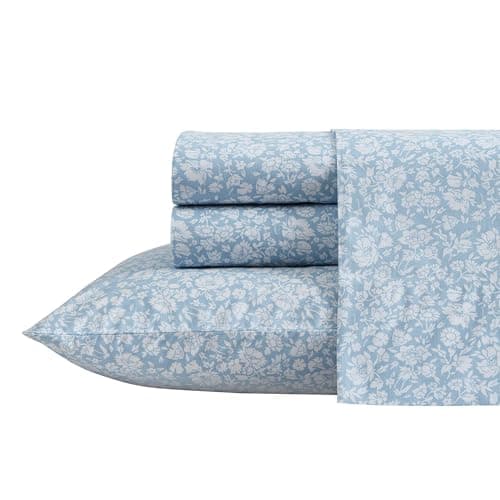 Laura Ashley - Twin XL Sheets, Cotton Percale Bedding Set, Lightweight & Breathable Home Decor (Heirloom Ditzy Blue, Twin XL)