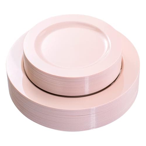 FLOWERCAT 60PCS Pink Plastic Plates - Heavy Duty Pink Plates Disposable for Easter Party/Mother's Day/Wedding - serving 30 guests Include 30PCS 10.25inch & 30PCS 7.5inch
