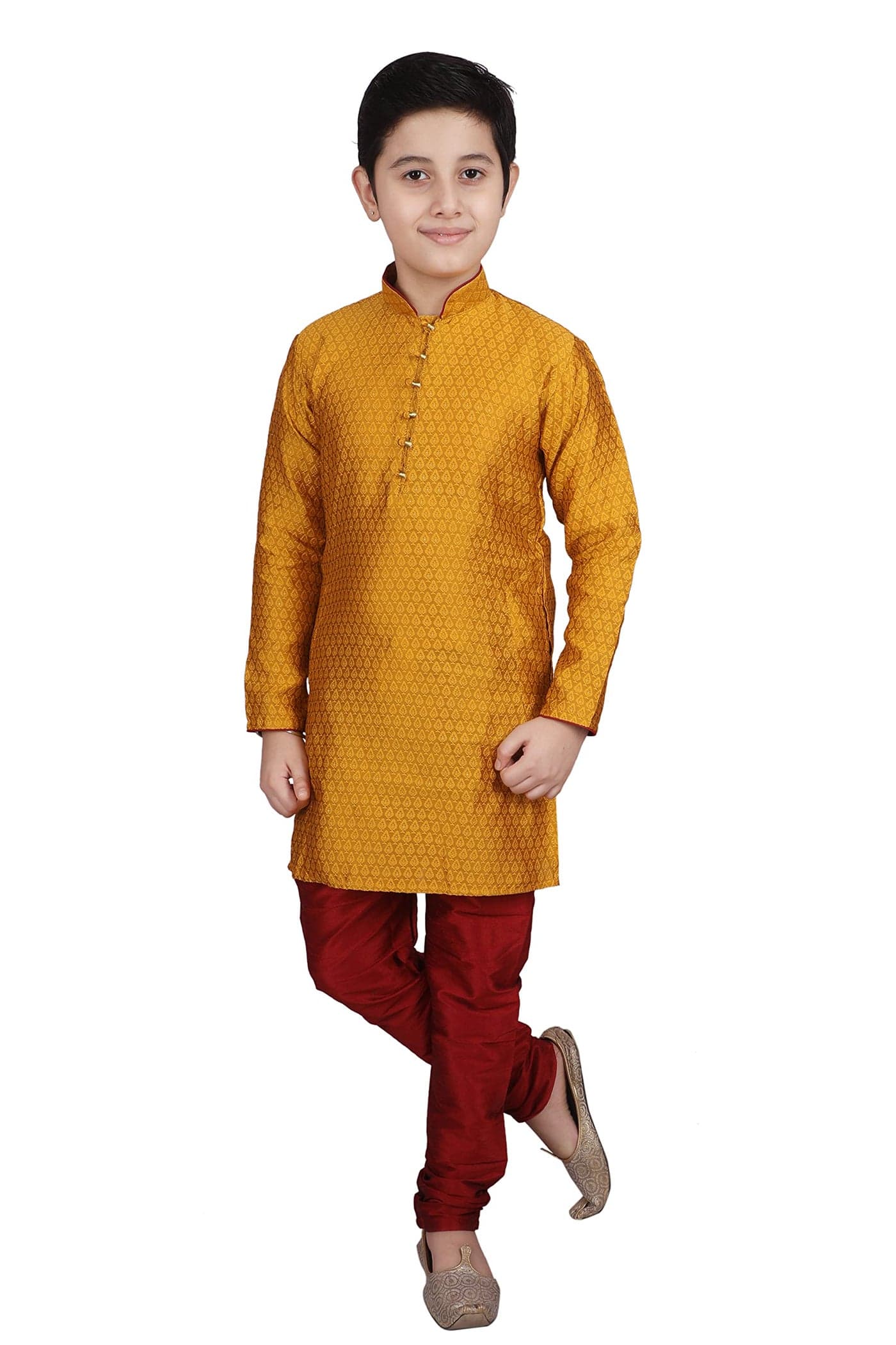 Pro-Ethic Style Developer Kids Silk Printed Ethnic Wear Kurta and Pyjama Set (9-10 Years, Mustard)