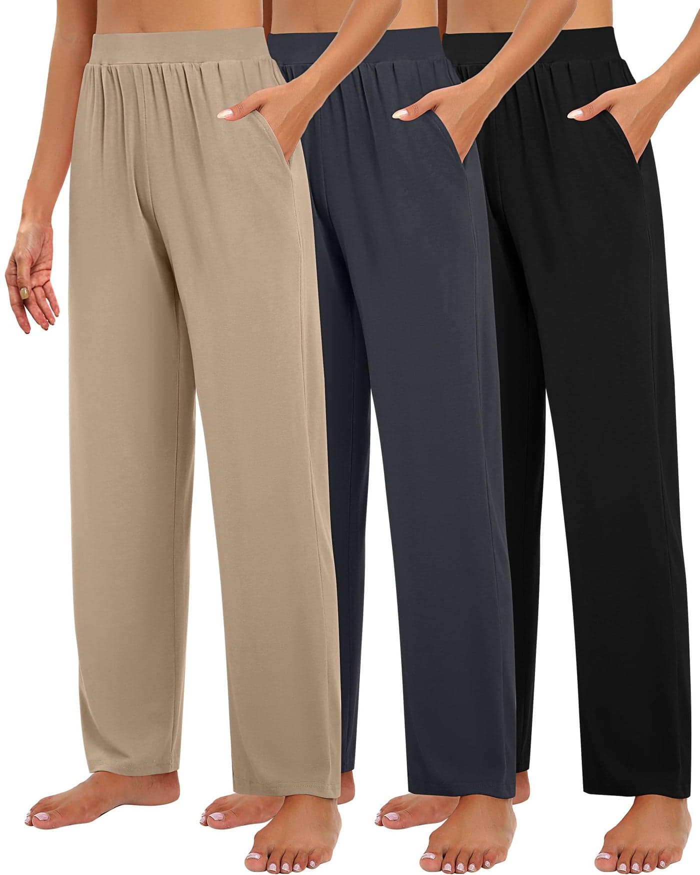 Huukeay 3 Pack Women's Lounge Pants, Cozy Wide Leg Lounge Slacks with Pockets Loose Flowy Yoga Sweatpant Workout Comfy Jogger(Black, Charcoal Gray, Khaki,Medium)