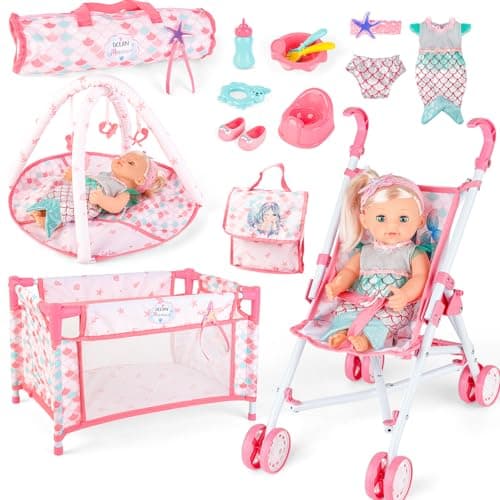 deAO Baby Doll Stroller Crib Bed Nursery Role Play Set Baby Doll Accessories and Play MatTravel CotFoldable Stroller and Travel Bag Birthday for Girls Boys Kids