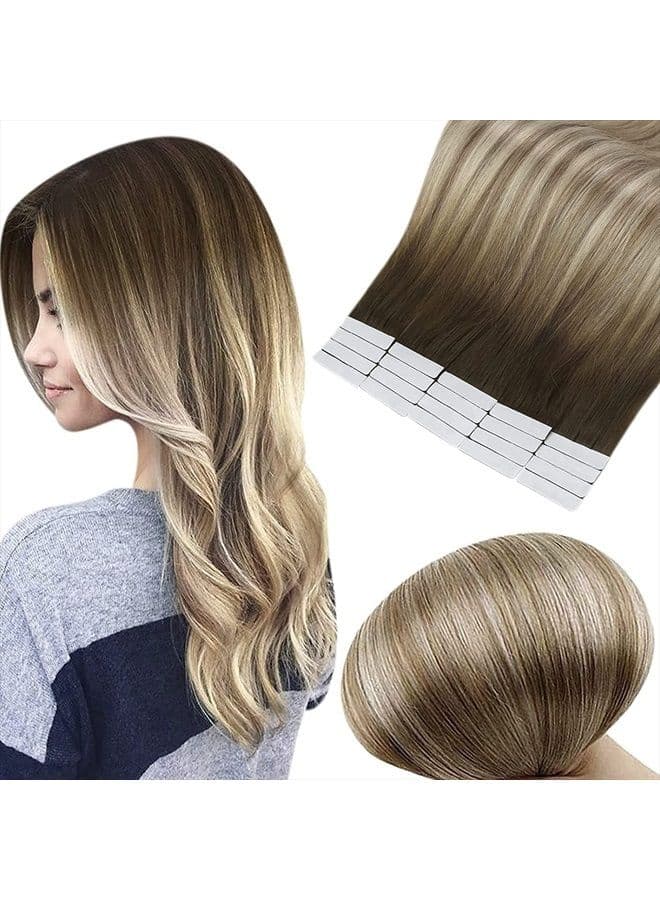 Tape in Hair Extensions Human Hair 16 Inch Remy Hair Tape in Extensions 20 Pieces 50 Grams Tape in Real Hair Extensions Dark Roots Color 3 8 22 Brown and Blonde Highlights