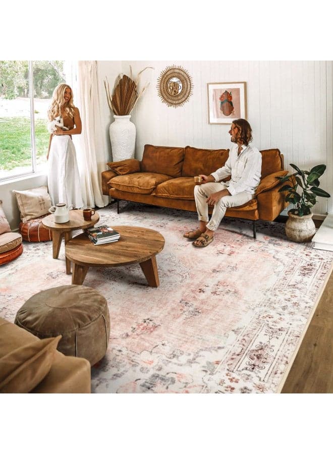 MUJOO Pink Rug 8'x10' Area Rugs for Living Room Washable Large Boho Rug for Bedroom Non Slip Abstract Soft Low-Pile Floral Flowers