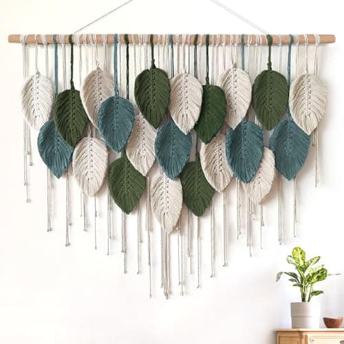 KHOYIME Macrame Wall Hanging Large Boho Home Decor, Bohemian Leaves Tapestry Modern Handmade Yarn Woven Feather Leaf Chic Wall Art Decorations for Bedroom Living Room Nursery Backdrop 39" W X 29.5" L