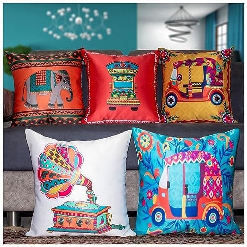 Vendola Satin 250TC Sofa Cushion Pillow Covers, Multicolor, Set of 5 Cushion Covers(Gramophone,20x20 Inches)