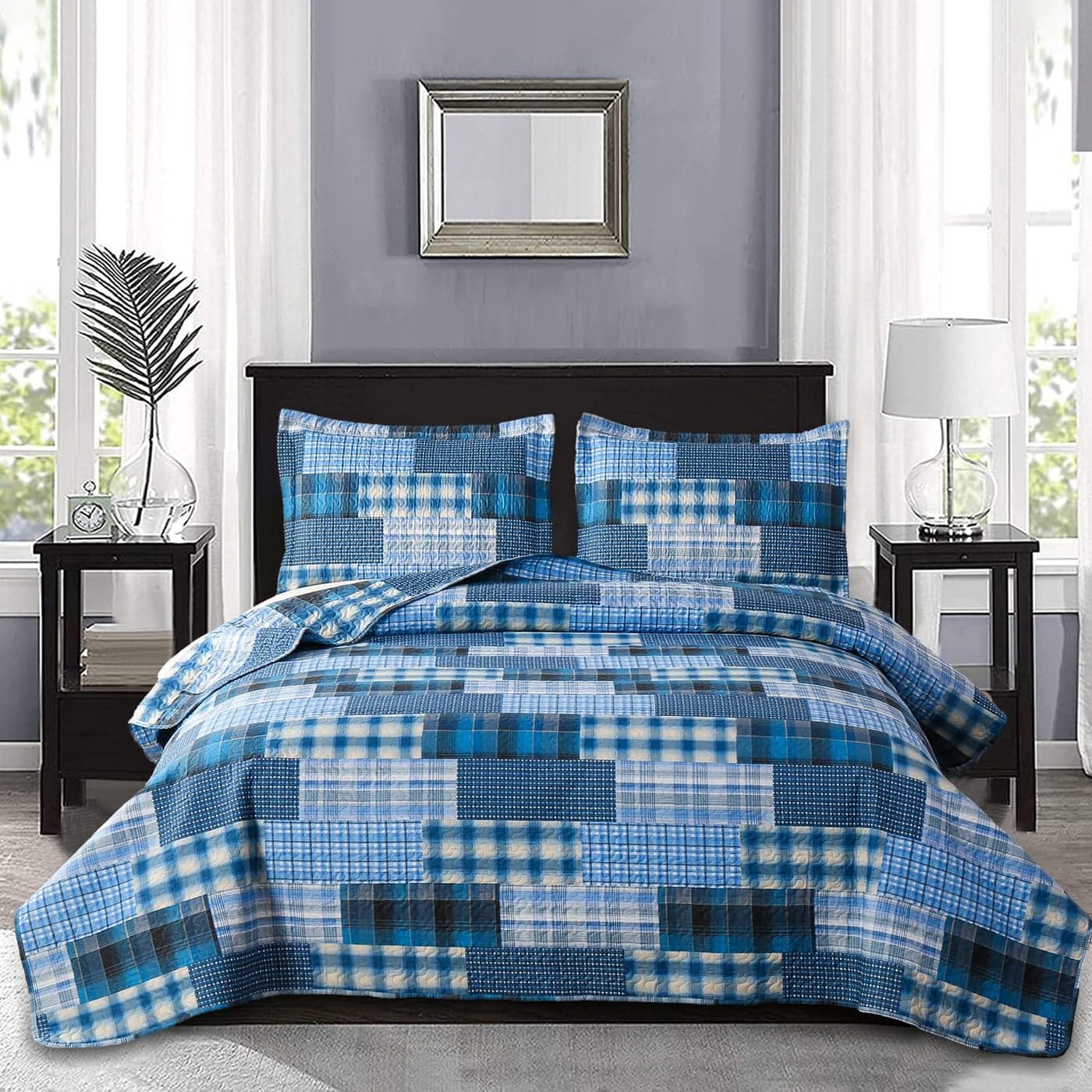 Jarson Patchwork Bedding Plaid Quilts Set FullQueen Size 3Pcs Navy Blue Buffalo Bedspreads Summer Lightweight Coverlet Pillow Shams