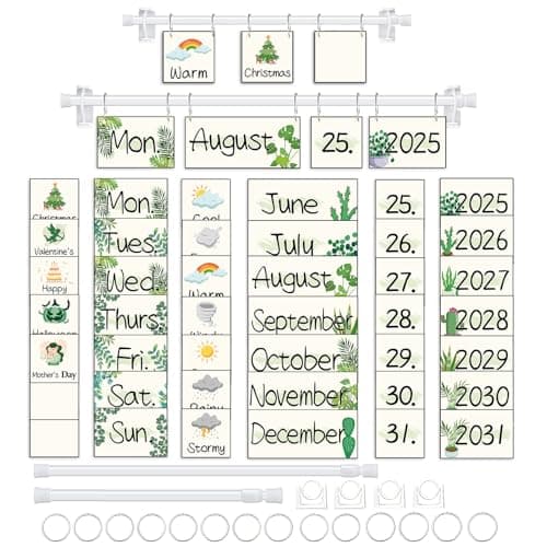 EggSun 96 Cards Classroom Bulletin Board Decorations Set for TeachersFlip Calendar with Holder for ClassroomAdjustable CalendarPreschool Elementary Home Decor SuppliesBoho Greenery Plant