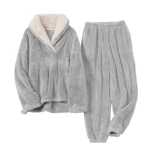 SeeLuNa Womens Fluffy Pajamas Set Fleece Pullover Pants Oversized Plush Sleepwear Cozy Fuzzy Loungewear Loose Warm Pjs SetsLight GreyS