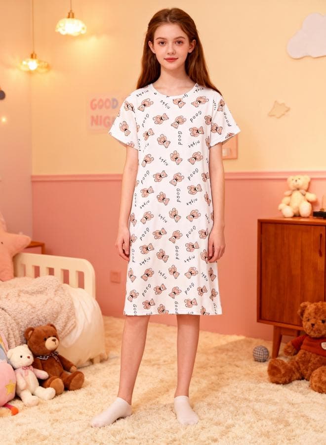 Girls Bear Print Short Sleeve Nightdress