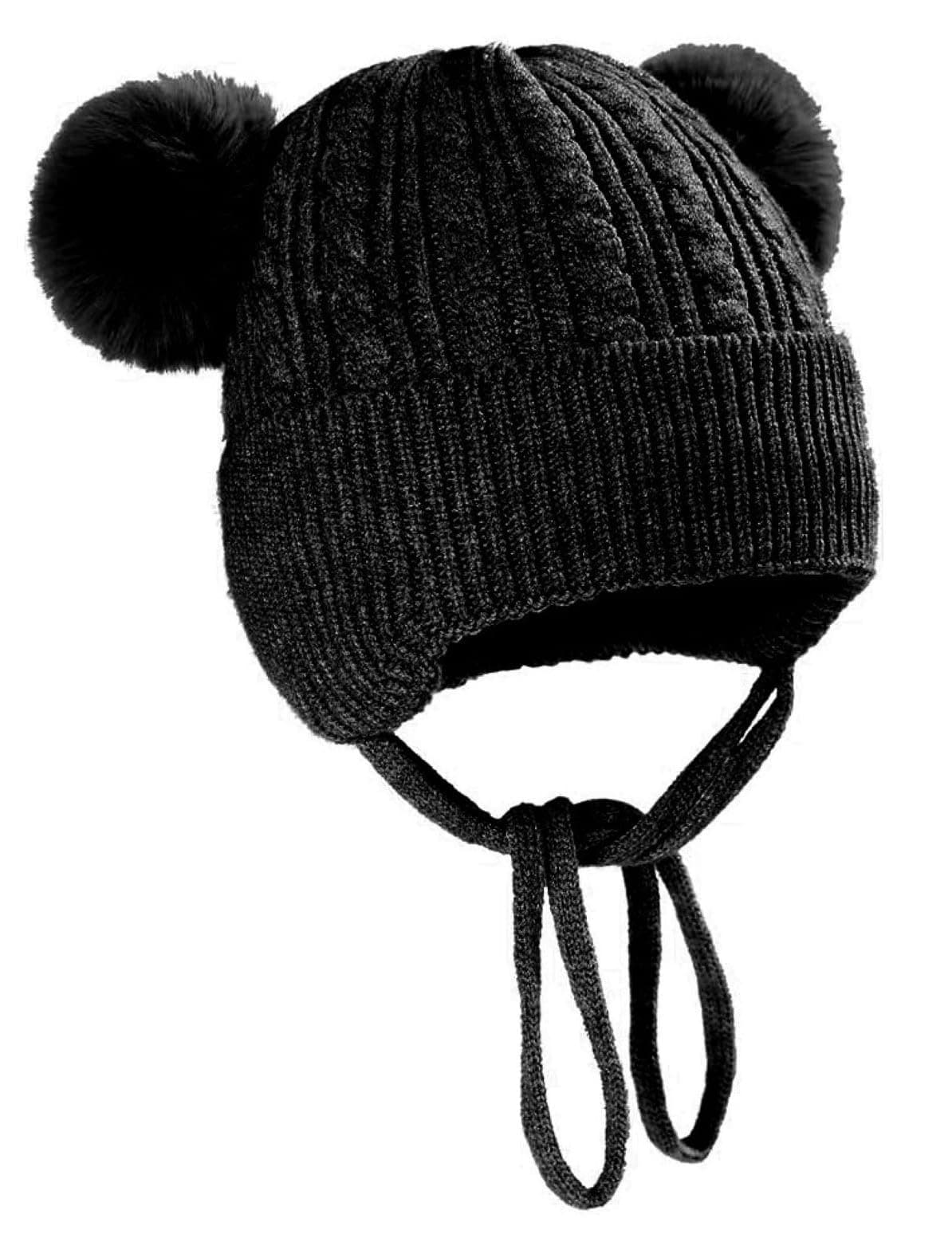 INFISPACE Baby Boy's & Baby Girl's Knitted Woolen Beanie Pompom Cap with Fleece Fur Lined (Age: 6 to 24 Months) (Black)